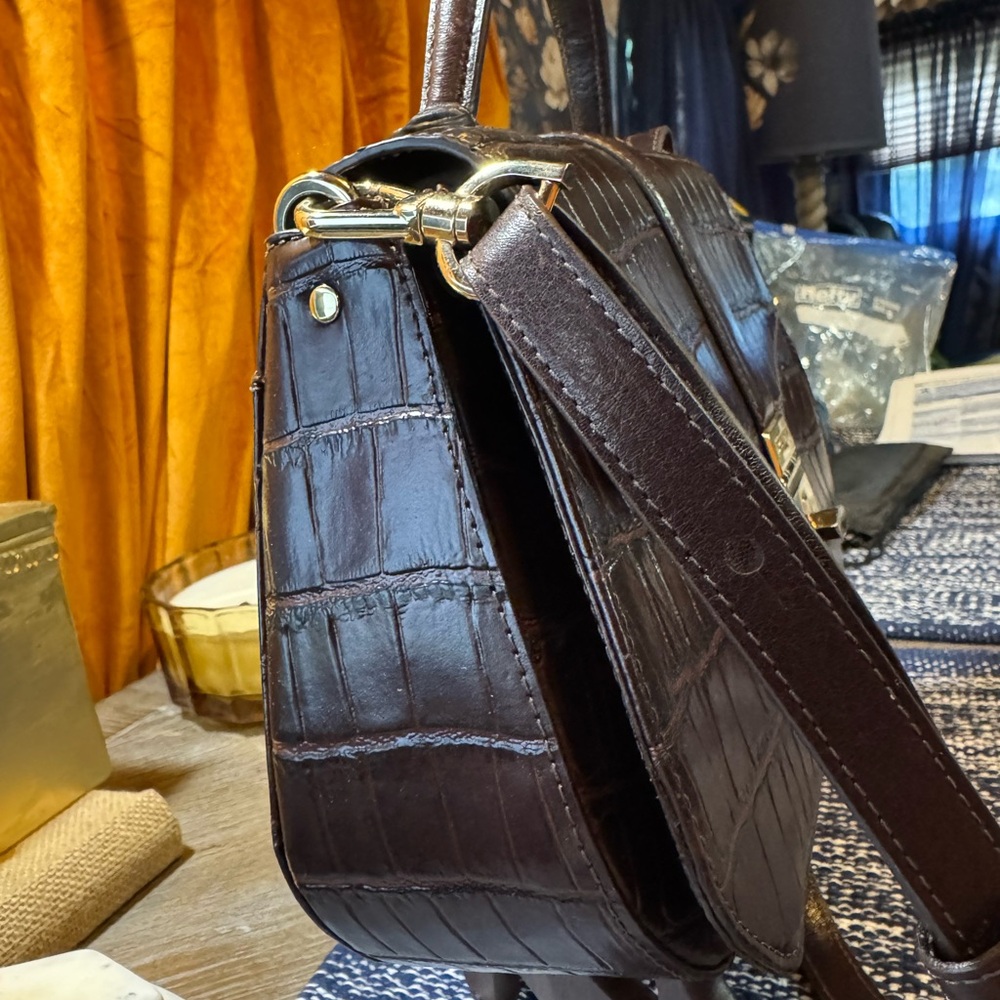 Brahmin Dark Brown Croc-Embossed Leather Satchel with Gold Hardware - Picture 6 of 11